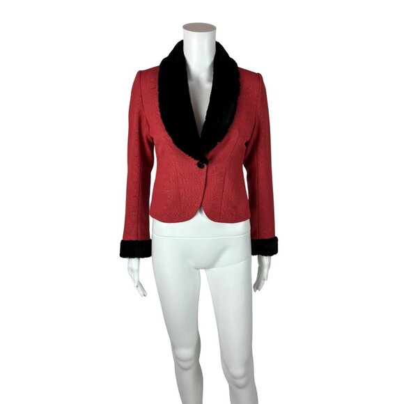 Vintage 80s Tuxedo Jacket Women's XS Salmon Black Faux Fur 40s Style Mini Blazer - Picture 1 of 10
